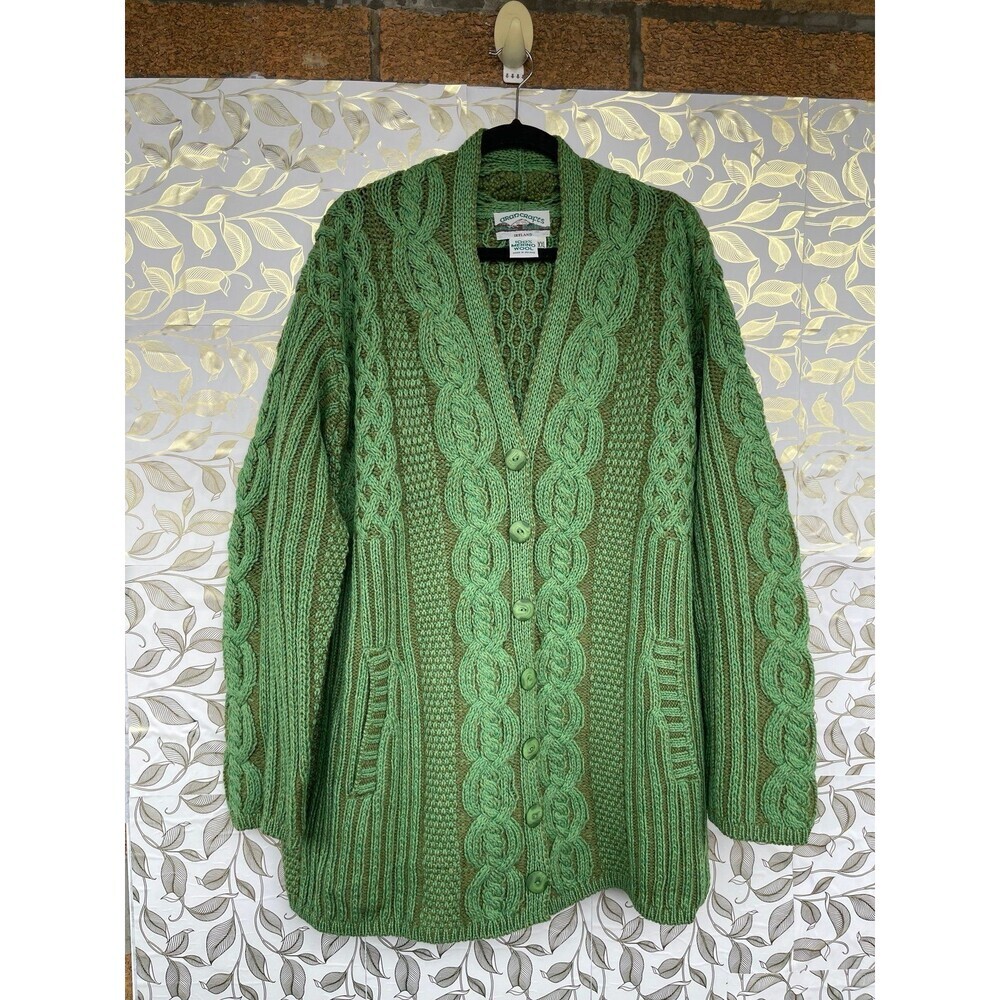Aran Crafts Ireland Green Merino Wool Cable Knit Cardigan Sweater XXL Grandmacor